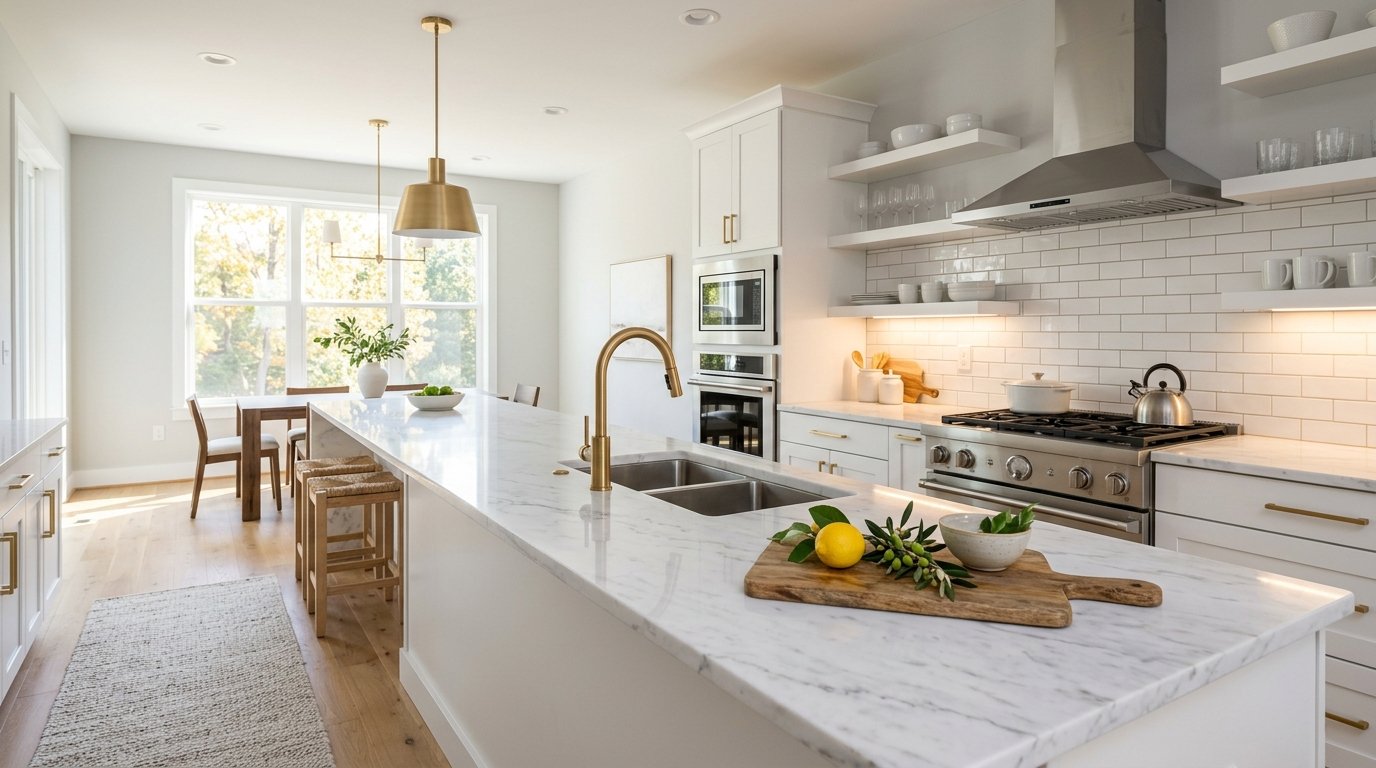 Cocina impecable con mesadas de mármol despejadas bajo la técnica de home staging