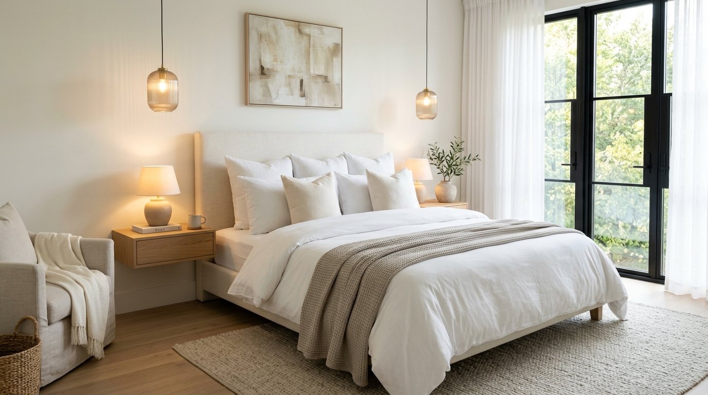 Dormitorio principal con home staging hotelero y ropa de cama blanca