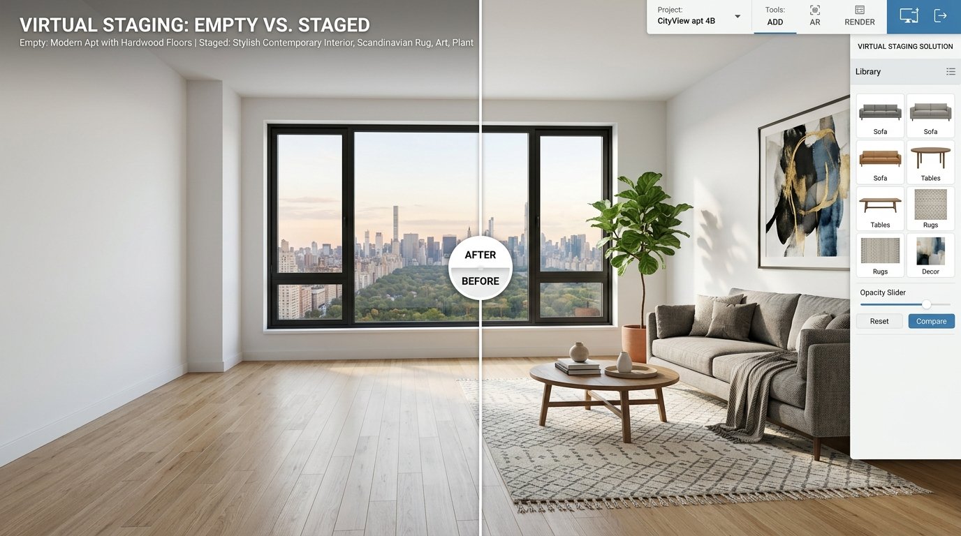 Staging virtual con renderizado digital inteligente sobre departamentos vacíos