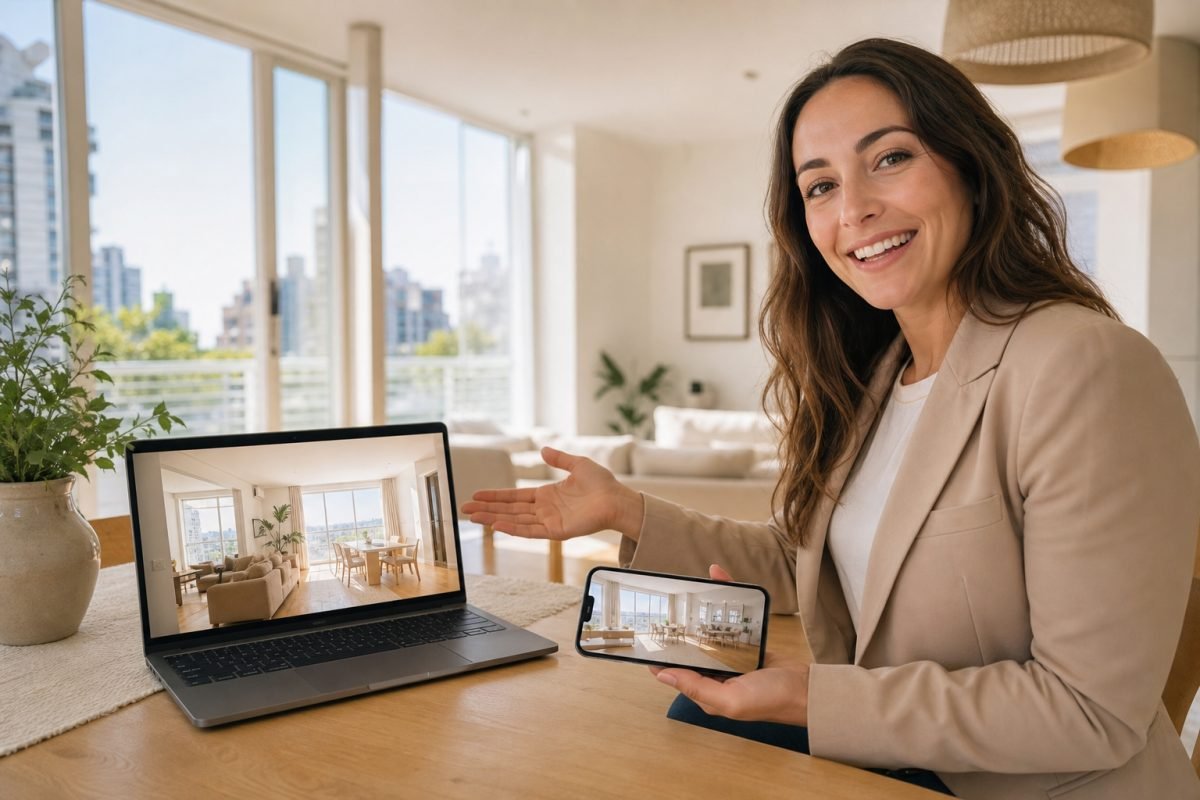 Agente inmobiliaria presentando su sitio y panel en notebook y celular